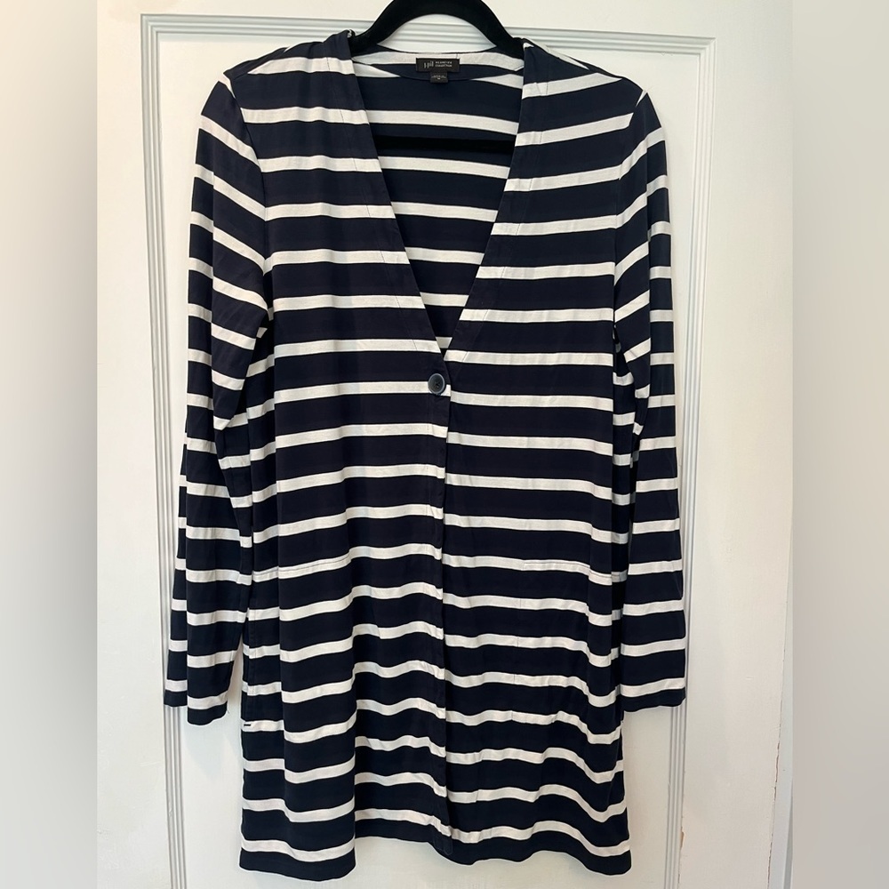 J.Jill WearEver Blue White Striped Lightweight Cardigan Duster Size Medium - Picture 3 of 9